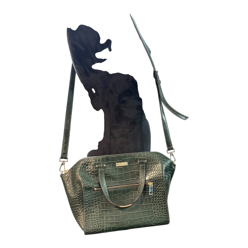 Kate Spade Savannah Satchel Handbag Croco Embossed Leather Womens Bag Loden - Picture 2 of 9